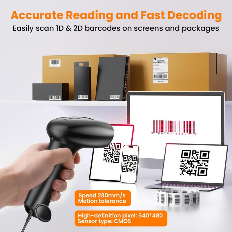 USB Wired 2D/1D Barcode Scanner with Stand, Handheld Barcode Reader Compatible with QR Code & Barcode, Button Scan/Induction and Continuous Automatic Scan, with BIS & 1 Year Warranty