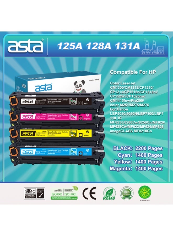 استا ASTA 125A 128A 131A CB540A CB541A CB542A CB543A CE320A CE321A CE322A CE323A CF210A CF211A CF212A CF213A مجموعة كاملة من خراطيش الحبر الملونة المتوافقة عالميًا مع HP LaserJet CM1300 CM1312 CP1210 CP1215 CP1515N CP1518Ni CP1525N CP1525Nw CM1415Fnw Pro 200 M251 M275 M276 طابعة ليزر ملونة بديلة عالية الإنتاجية سهلة التركيب حزمة متعددة للطابعات المكتبية - Image 1