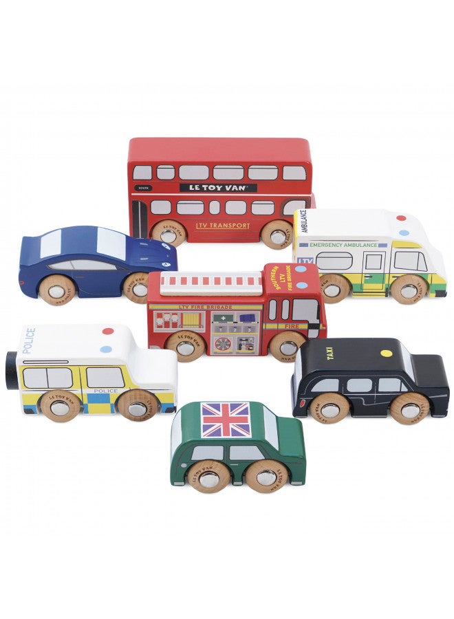 Le Toy Van London Car Set Premium Wooden Toys for Kids Ages 3 Years & Up (TV267), 7-pk - Image 1
