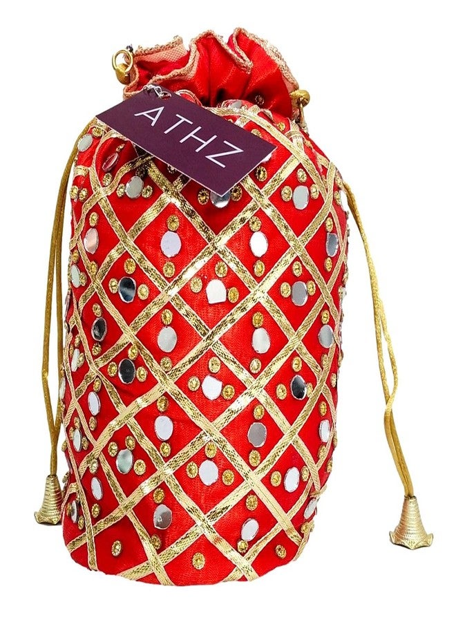 ATHZ Red Damru Potli Combo (Pack of 3) for Women Handbags Wedding Festive Gifts Ethnic Wristlet Potli Bags Mirror Work Fashion Accessories - Image 4