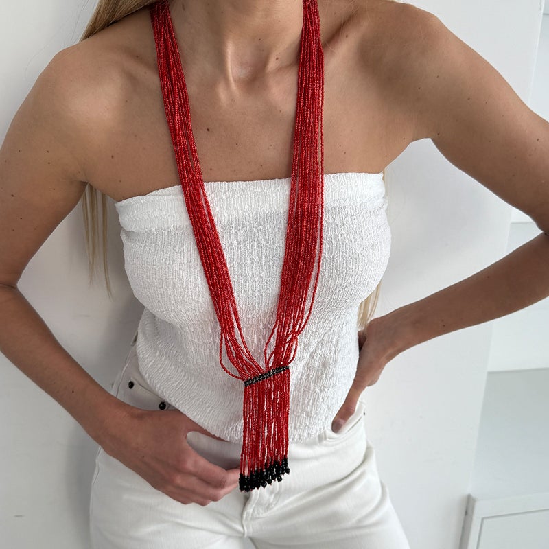 SHIXIN Bohemian Layered Beaded Necklace with Crystal Tassel - Y-Shaped, Oversized Design - Image 3