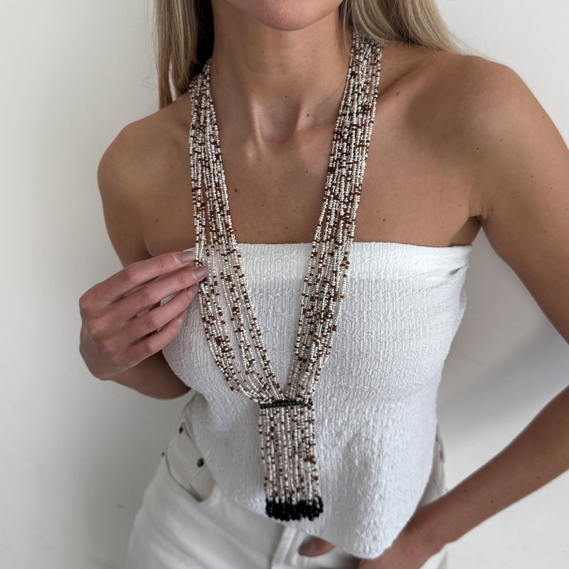 SHIXIN Bohemian Layered Beaded Necklace with Crystal Tassel - Y-Shaped, Oversized Design - Image 2