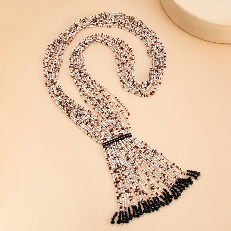 SHIXIN Bohemian Layered Beaded Necklace with Crystal Tassel - Y-Shaped, Oversized Design - Image 4