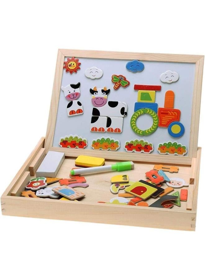 Double Face Magnetic Chalkboard for Kids - 100+ Pieces Magnetic Wooden Jigsaw - Educational Gift for Kids - Magnetic Puzzle Pine Wood Chalkboard Double Face Drawing