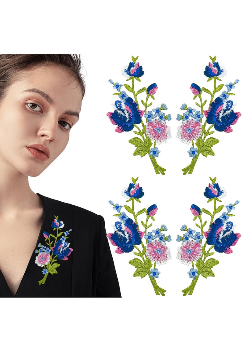 2 pairs Rose Flower Embroidered Applique Floral Leaves Iron on Patches Bouquet Boho Decorative Embroidery Applique Sewing Patches for Clothing Bags DIY Accessory Craft Decoration - Image 1