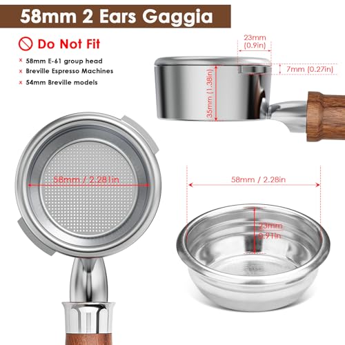 YMWVH 58mm Bottomless Portafilter, Professional Stainless Steel Portafilter 2 Ears for 58 Gaggia Machines- Not suitable with E61 groupheads,with Walnut Handle & Filter Basket - Image 2