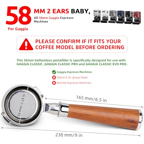 YMWVH 58mm Bottomless Portafilter, Professional Stainless Steel Portafilter 2 Ears for 58 Gaggia Machines- Not suitable with E61 groupheads,with Walnut Handle & Filter Basket - Image 3