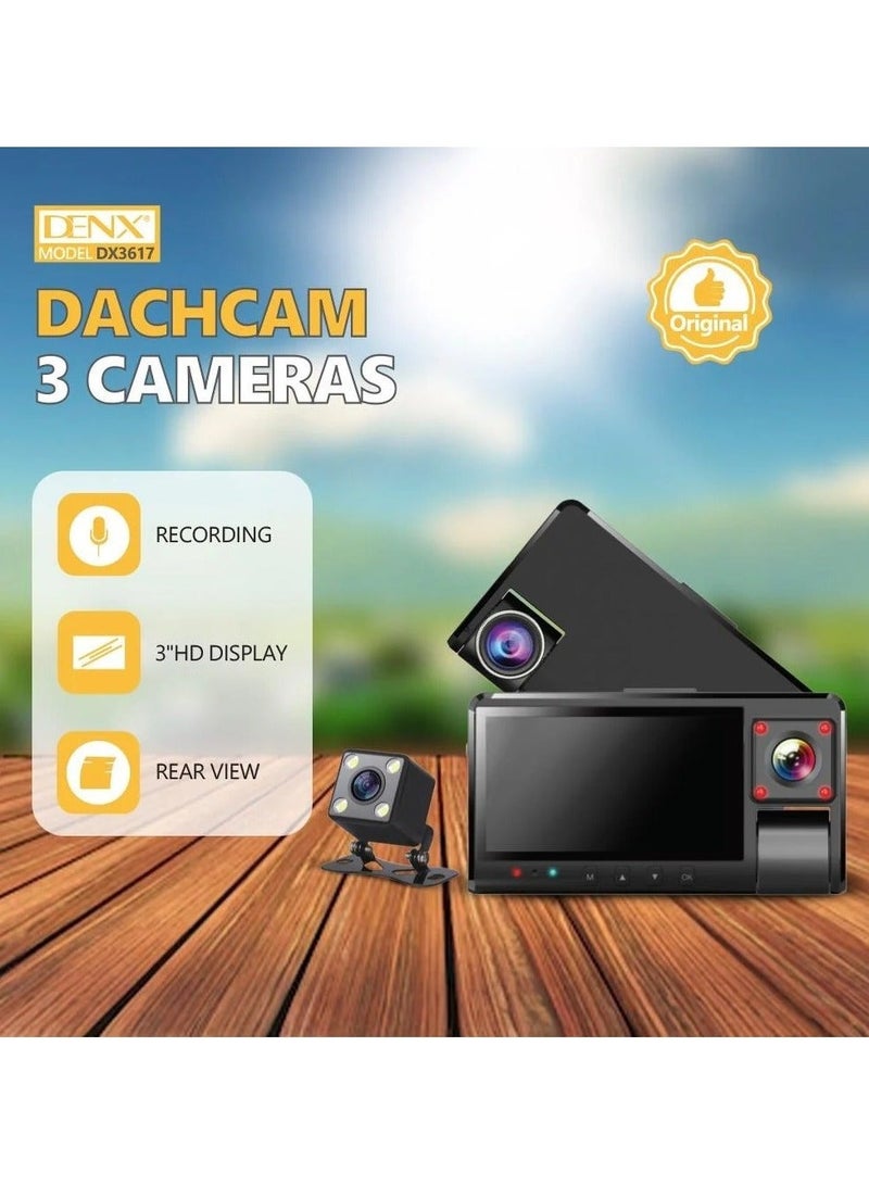 Denx Dash cam, 3 cameras, internal and external, rear, 3-inch screen - Image 1