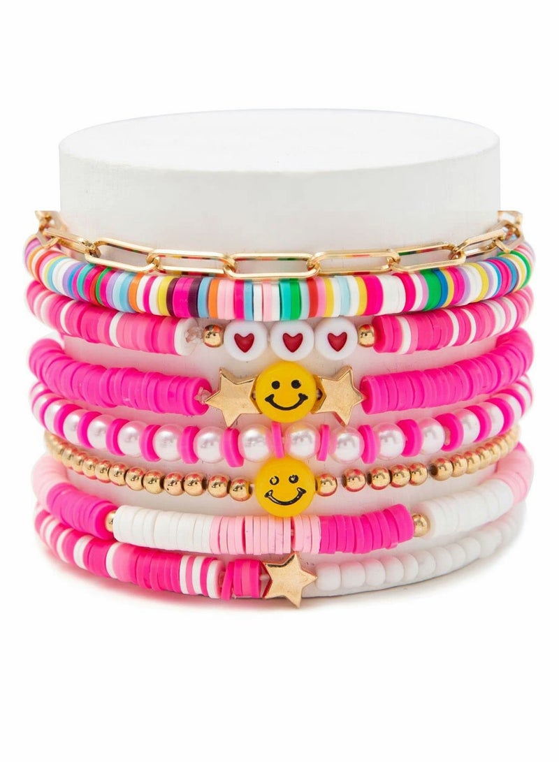 8-Piece Heishi Surfer Bracelets Set for Women - Stackable Polymer Clay Beaded Jewelry for Boho Summer Beach Style - Image 1
