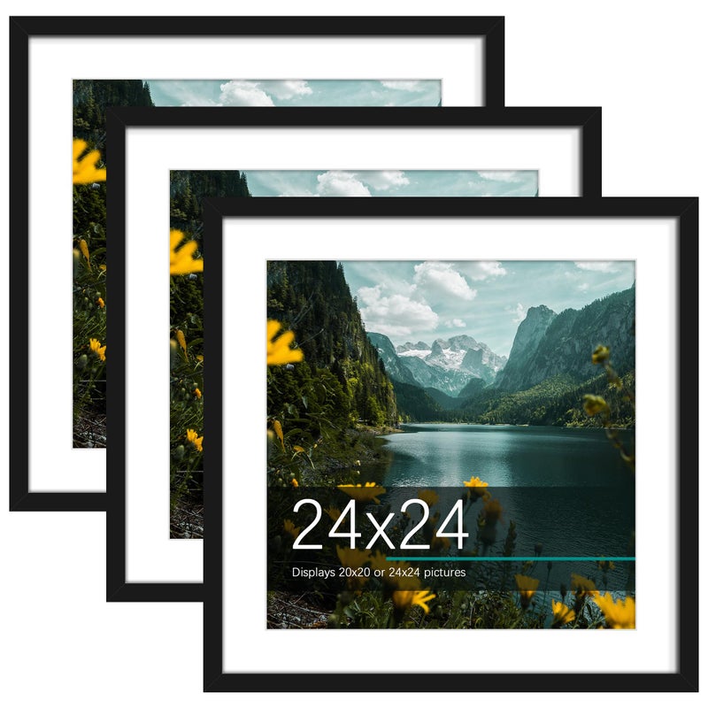Picrit 24x24 Picture Frame 3 Pack, Black Poster Frame, Display Poster 20 x 20 with Mat or 24 x 24 without Mat for Horizontal or Vertical Wall Mounting - Image 1