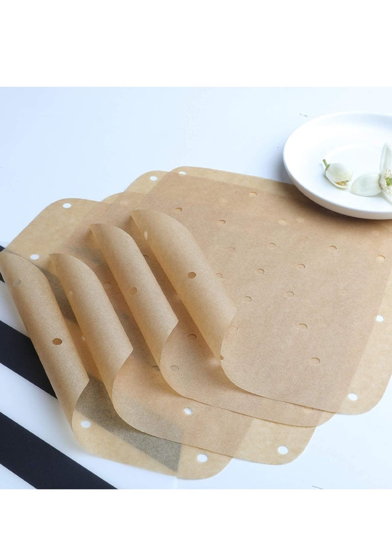 SYOSI - Air Fryer Parchment Paper 200 Pcs - 8.5 inch Unbleached Square Liners/Steaming Liner/Perforated for Fryer, Steaming Basket and More(Brown) - Image 1