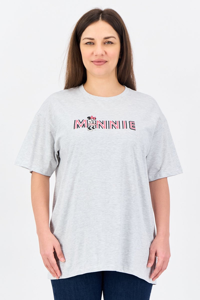 Disney Minnie Mouse Women Crew Neck Short Sleeve Brand Logo T-Shirt, Grey - Image 1