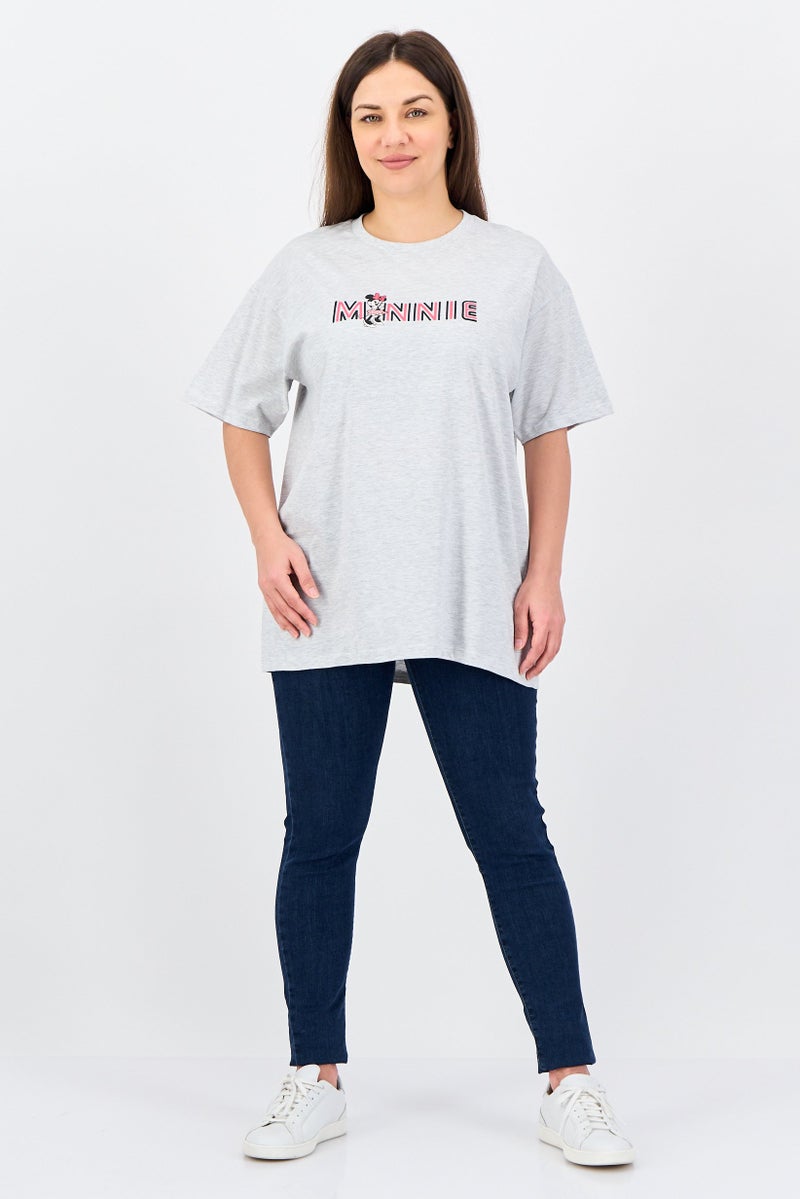 Disney Minnie Mouse Women Crew Neck Short Sleeve Brand Logo T-Shirt, Grey - Image 4