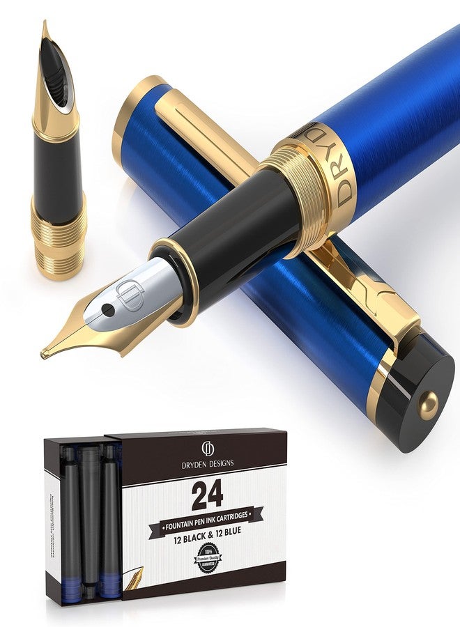 Dryden Designs Fountain Pen - Medium and Fine Nibs | Includes 24 Ink Cartridges and Ink Refill Converter | Calligraphy Pen, Consistent Writing, Smooth Flow - Mysterious Blue - Image 1