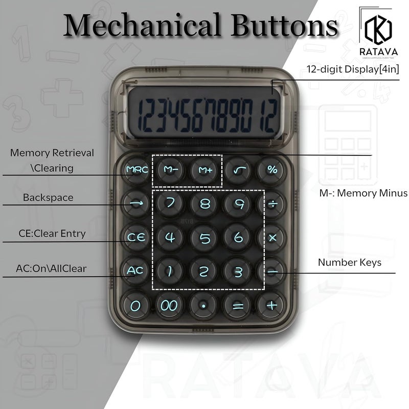 RATAVA 12-Digit Calculator - Transparent Black Candy Design with Large LCD Display & Big Round Buttons | Cute, Functional Desk Basic Calculator for Office, School, Home & Business (1 Piece) - Image 3