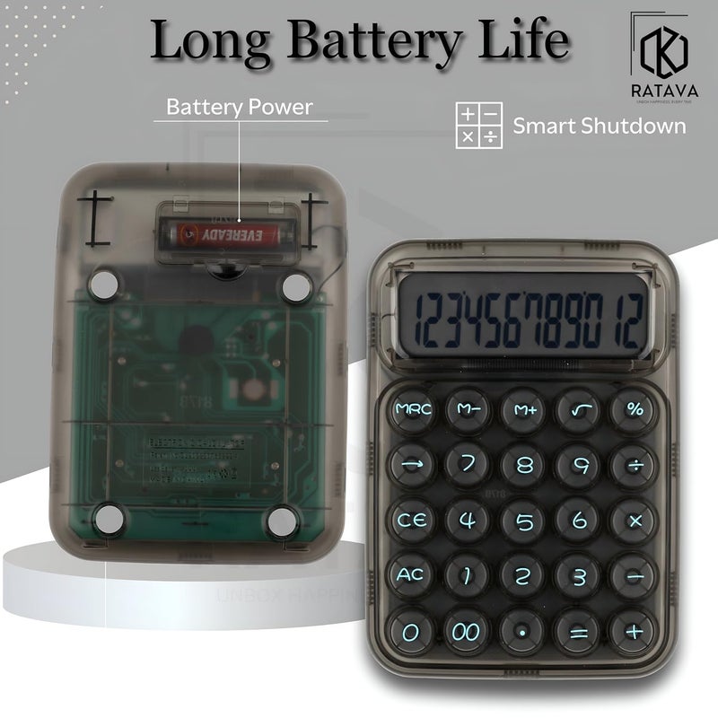 RATAVA 12-Digit Calculator - Transparent Black Candy Design with Large LCD Display & Big Round Buttons | Cute, Functional Desk Basic Calculator for Office, School, Home & Business (1 Piece) - Image 5