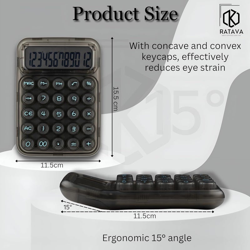 RATAVA 12-Digit Calculator - Transparent Black Candy Design with Large LCD Display & Big Round Buttons | Cute, Functional Desk Basic Calculator for Office, School, Home & Business (1 Piece) - Image 2