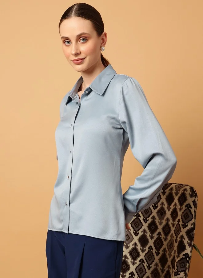 MINT STREET Mint Street Blue Spread Collar Casual Shirt for Women