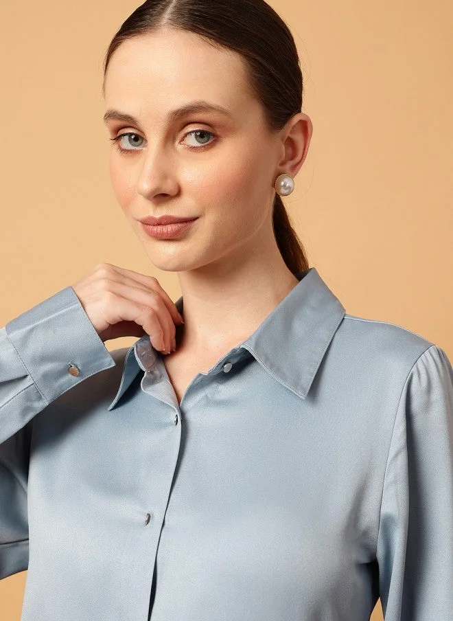 MINT STREET Mint Street Blue Spread Collar Casual Shirt for Women