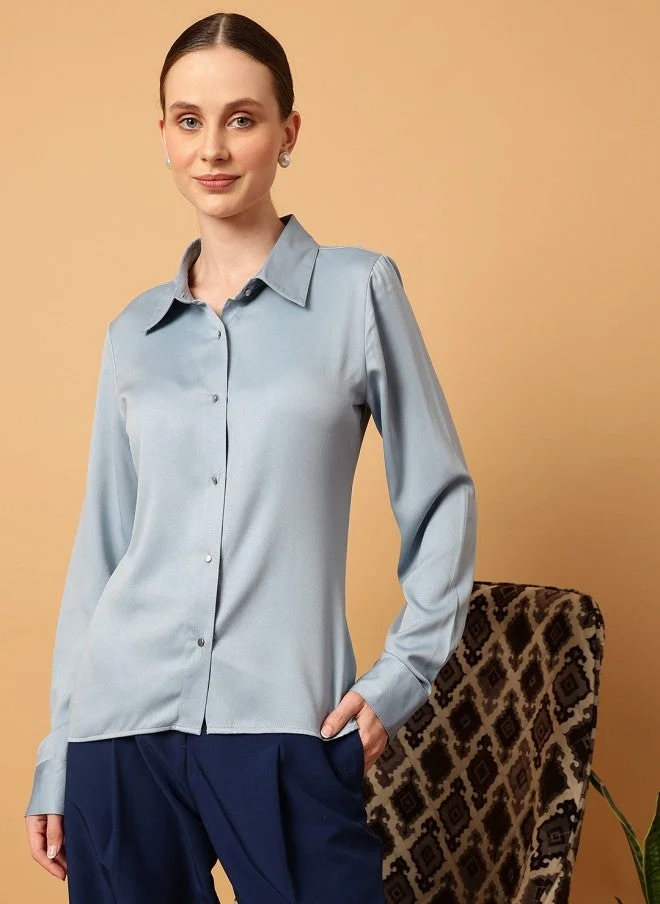 MINT STREET Mint Street Blue Spread Collar Casual Shirt for Women
