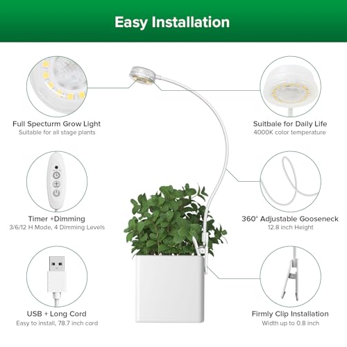 SANSI Grow Lights for Indoor Plants, Pot Clip LED Plant Light for Growing Full Spectrum, Plant Growing Lamp 4-Level Dimmable Auto On Off 3 6 12 Hrs Timer for Small Plants, White 5V 3-Pack ETL Listed - Image 5