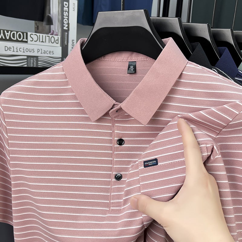 Men's Short Sleeve Polo Shirt Casual Striped Lightweight T-Shirt with Real Pocket - Image 2