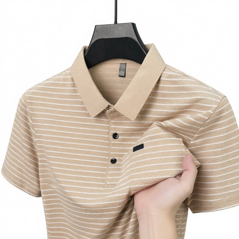 Men's Short Sleeve Polo Shirt Casual Striped Lightweight T-Shirt with Real Pocket - Image 1