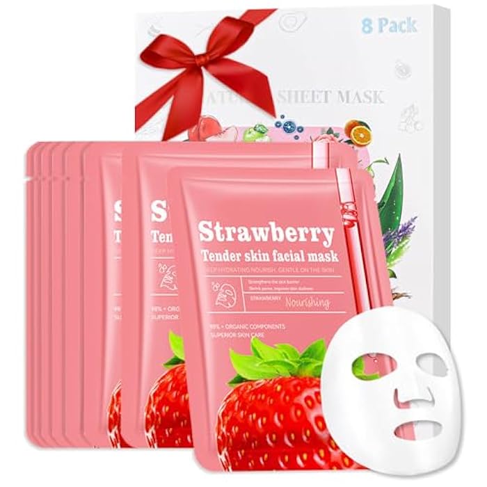 CAKAILA 8 Pack Strawberry Face Mask,Pink Face Masks Skincare Spa Day Kit Supplies,Spa Party Favors for Women,Sheet Facial Mask Skincare Gifts Set,Moisturize Soothe for All Skin Types - Image 1