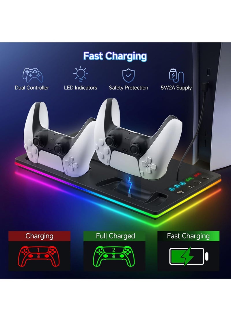 Xkimos PS5 Standard/Slim/Pro Cooling Stand with Dual Controller Charging Dock with LED Light, Suitable for Playsation 5 Slim&Standard Disc/Digital Console PS5 Accessories,Incl Controller Charger Turbo Fan 3 USB Hub (Black) - Image 2