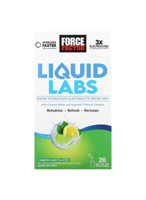Force Factor, Liquid Labs™, Rapid Hydration Electrolyte Drink Mix, Lemon-Lime, 20 Stick Packs, 0.25 oz (7 g) Each