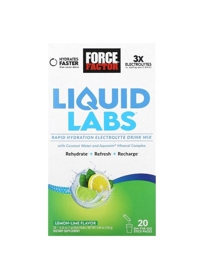 Force Factor Force Factor, Liquid Labs™, Rapid Hydration Electrolyte Drink Mix, Lemon-Lime, 20 Stick Packs, 0.25 oz (7 g) Each  - Image 1