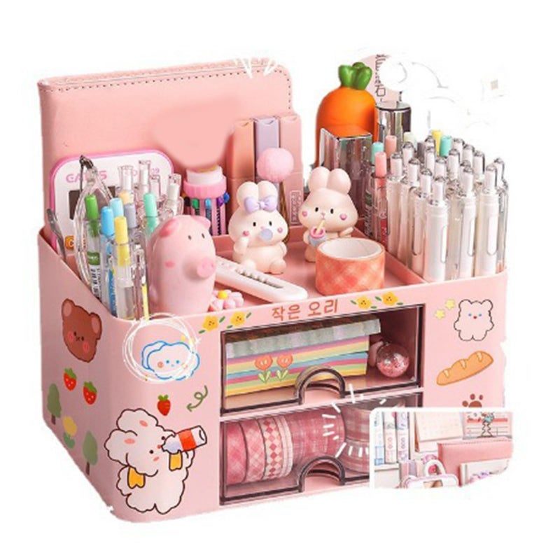 Multifunctional Desk Organizer With 2 Sliding Drawers 5 Compartments Large Capacity Pen Storage Container - Image 5