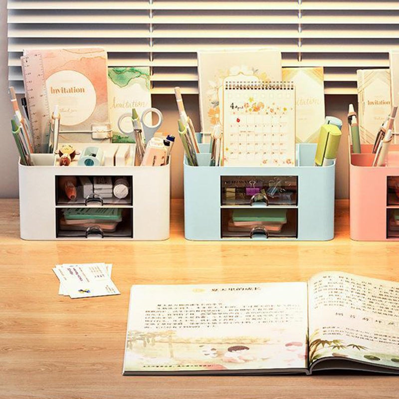 Multifunctional Desk Organizer With 2 Sliding Drawers 5 Compartments Large Capacity Pen Storage Container - Image 3