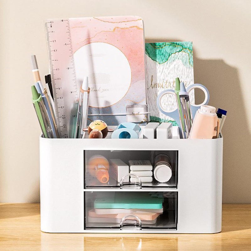 Multifunctional Desk Organizer With 2 Sliding Drawers 5 Compartments Large Capacity Pen Storage Container - Image 4
