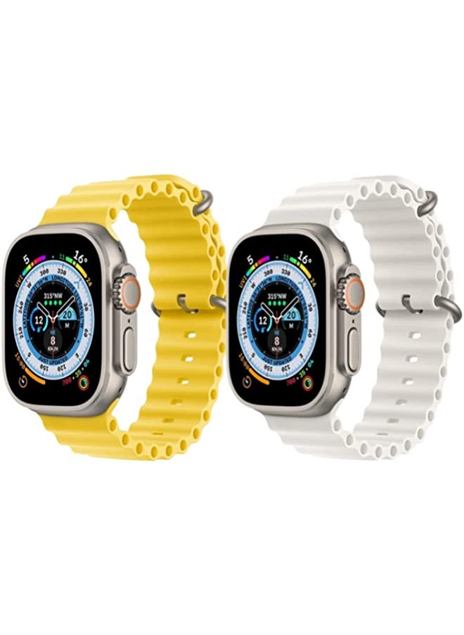 vesus - Silicone Ocean Band Strap for Apple Watch Ultra 8 49mm Yellow Single Color Strap with White Single Color Strap Set of 2 - Image 1