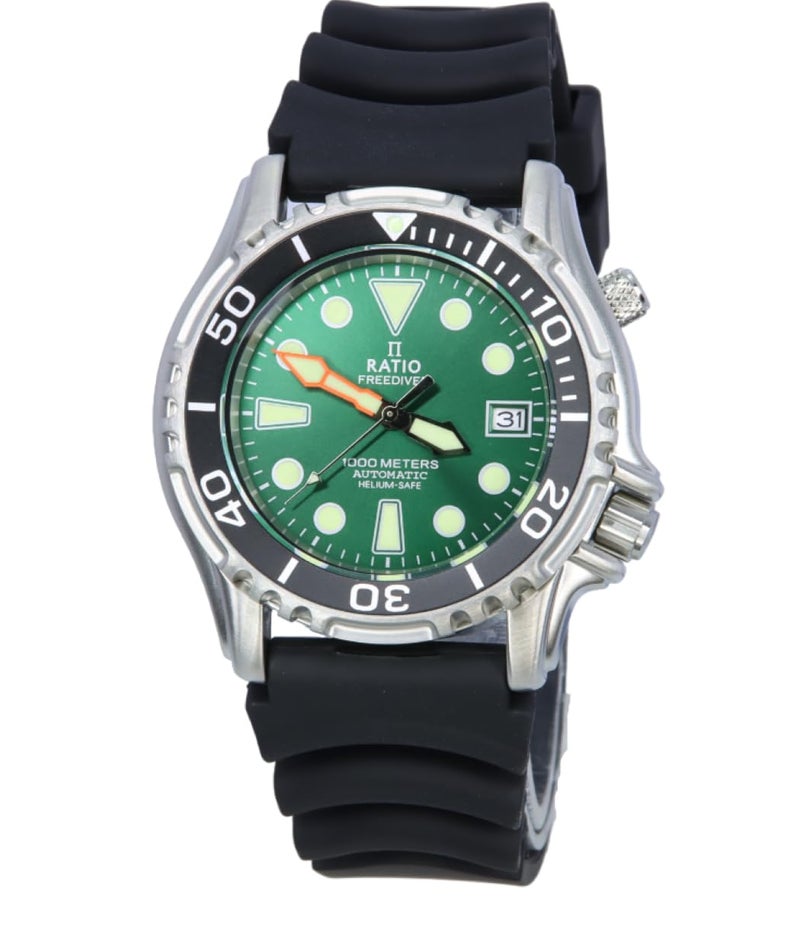 RATIO FreeDiver Helium Safe Dive Watch Stainless Steel Automatic Diver Watch 1000M Water Resistant Diving Watch for Men Green