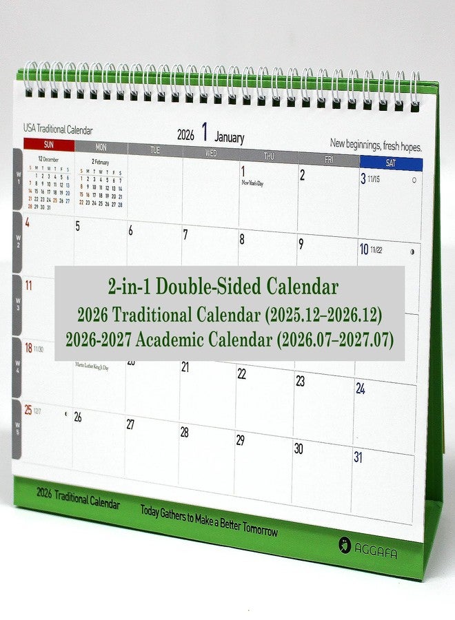 AGGAFA 2026-2027 Desk Flip Calendar, 2-in-1 Double-Sided Standing Calendar with Bigger Text & More Writing Space, Traditional & Academic Year Format, Writable Color-Coded Pages, Moon Phases & Lunar Dates, 9.8" × 7.7" Desktop Calendar (Dec. 2025-Jul. 2027) - Image 1