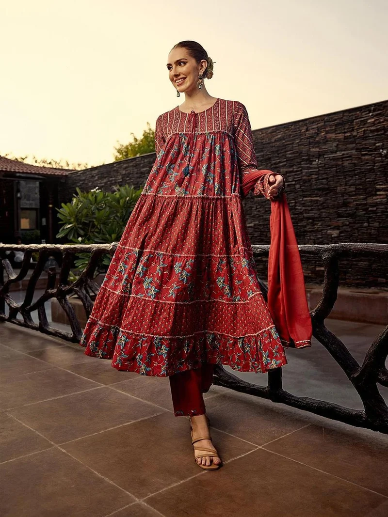 Ishin Floral Print Tiered Kurta with Trousers and Dupatta Set