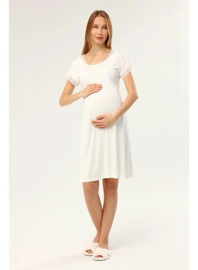 LuvmaBelly Myra9684 Front-Partitioned Lace Maternity Nightgown -Ecru.