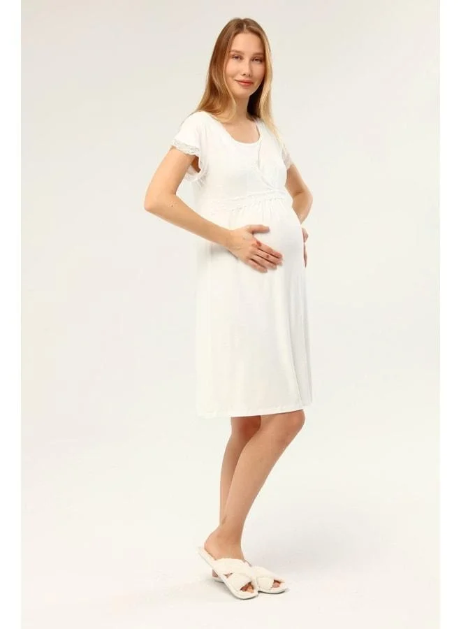 LuvmaBelly Myra9684 Front-Partitioned Lace Maternity Nightgown -Ecru.