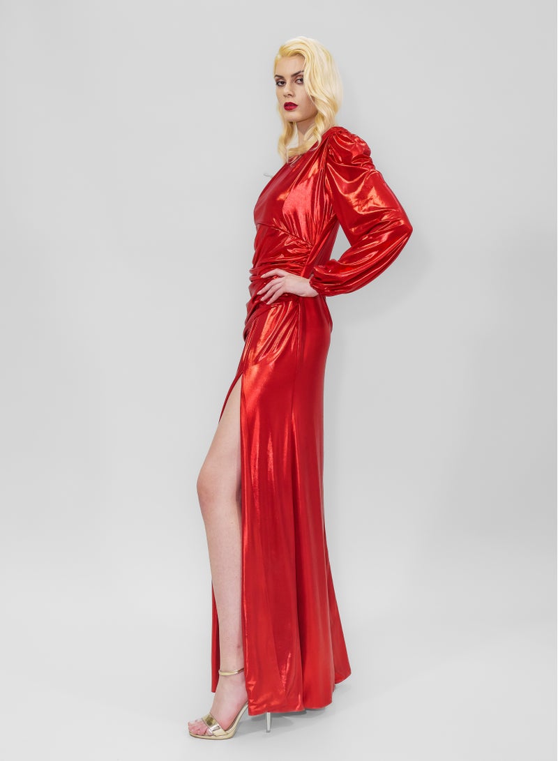 BITOLIA GALLERY Shiny Red Stretch Front Slit Dress  - Image 3