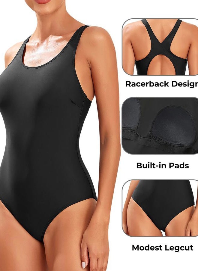 Tempt Me Women Athletic One Piece Swimsuits Sporty Racerback Bathing Suits Full Coverage Modest Swimwear, Black, L - Image 3