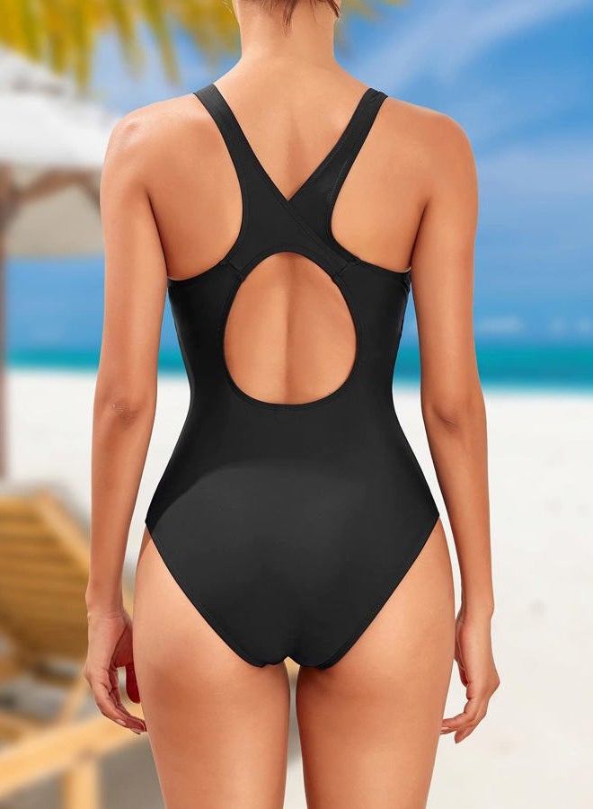 Tempt Me Women Athletic One Piece Swimsuits Sporty Racerback Bathing Suits Full Coverage Modest Swimwear, Black, L - Image 2