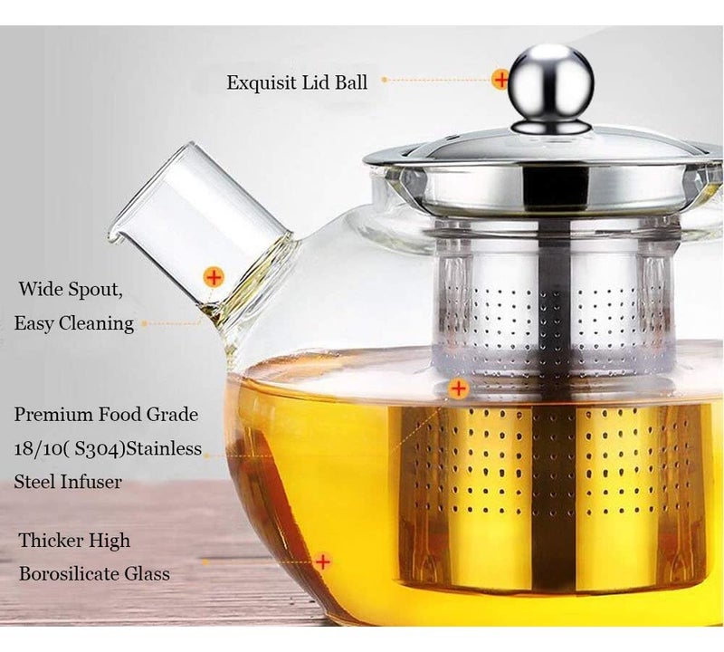 Incrizma Glass Teapot with Stainless Steel Infuser & Lid, Borosilicate Glass Tea Kettle Stovetop Safe, Blooming & Loose Leaf Teapot (1000 ml New) - Image 3