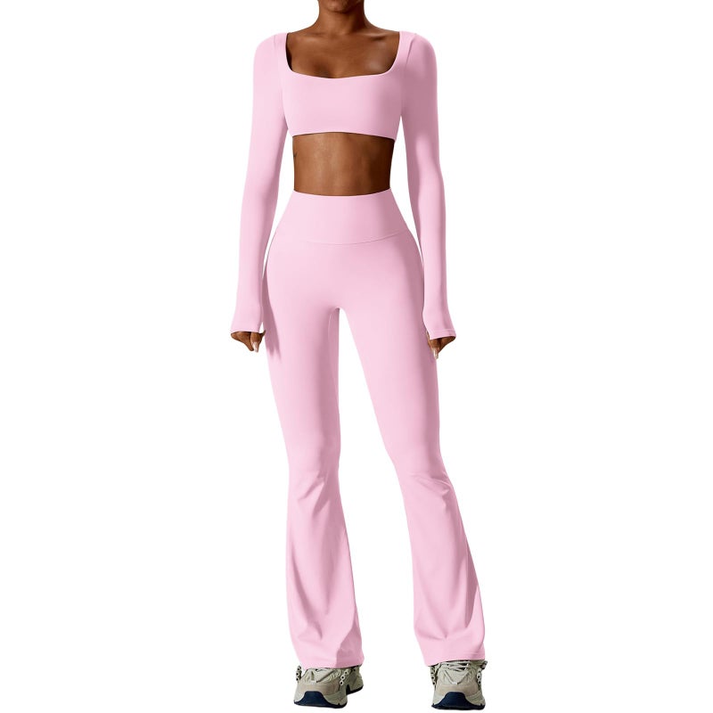 ABOCIW Workout Sets for Women Square Neck Long Sleeve Crop Top Scrunch Butt Lifting High Waist Flare Leggings 2 Piece Gym Yoga Outfits YPink Small - Image 2