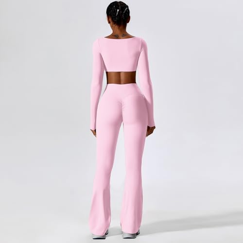 ABOCIW Workout Sets for Women Square Neck Long Sleeve Crop Top Scrunch Butt Lifting High Waist Flare Leggings 2 Piece Gym Yoga Outfits YPink Small - Image 3