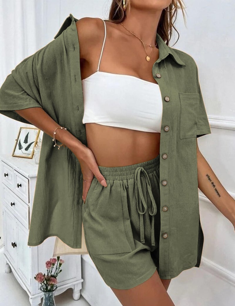 SeekMe Linen Short Sets for Women Short Sleeve Top Shorts 2 Piece Summer Beach Vacation Outfits Lounge Tracksuits(1717-ArmyGreen-XL-FY) - Image 5