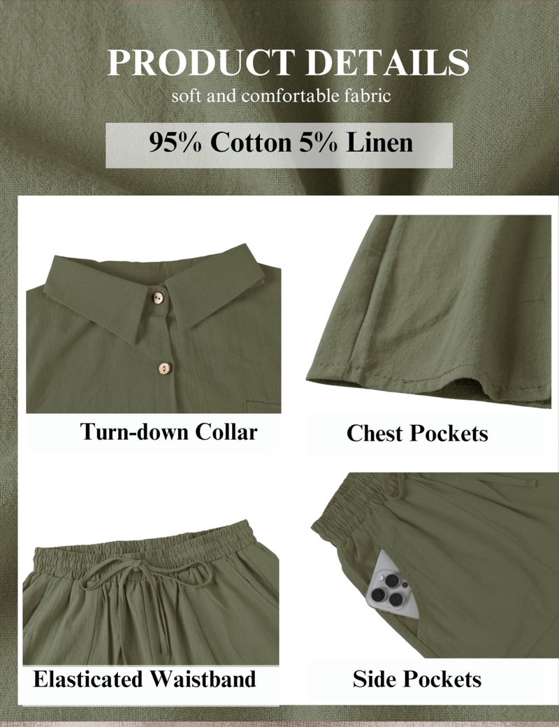 SeekMe Linen Short Sets for Women Short Sleeve Top Shorts 2 Piece Summer Beach Vacation Outfits Lounge Tracksuits(1717-ArmyGreen-XL-FY) - Image 3
