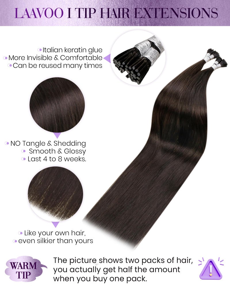 LaaVoo I Tip Human Hair Extensions Dark Brown I Tip Hair Extensions Human Hair Brown I Tips Hair Extensions Real Human Hair Cold Fusion Extensions 50s 50g 20 in - Image 2