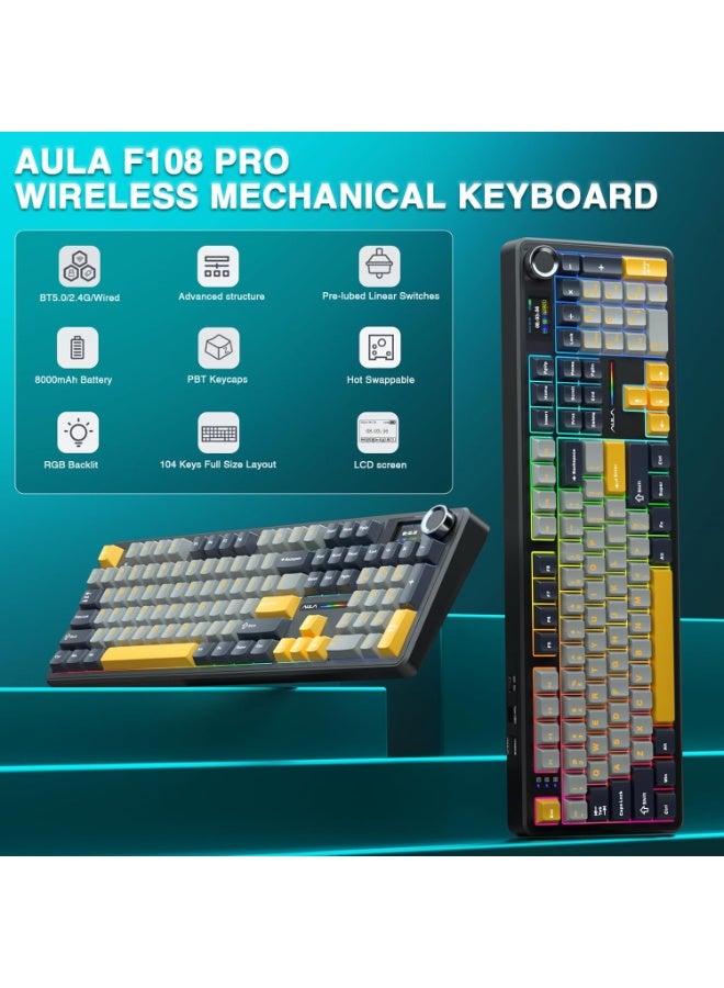 AULA F108 PRO - Wireless Mechanical Keyboard with Screen & Knob, Full Size Keyboard with 8000mAh Battery, Pre-lubed Reaper Switch, Side Printed PBT Keycaps, RGB Backlit Hot Swappable Custom Gaming Keyboards - Image 2
